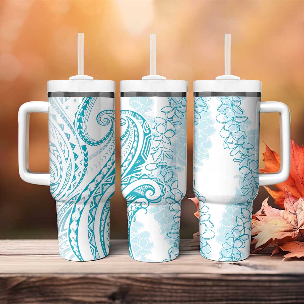 Polynesia Plumeria Lei Tumbler With Handle White Turquoise Curves Motif LT7 - Polynesian Pride