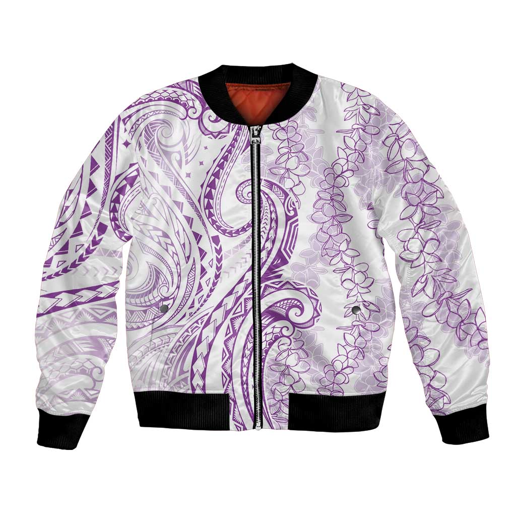Polynesia Plumeria Lei Bomber Jacket White Violet Curves Motif LT7 Unisex Violet - Polynesian Pride