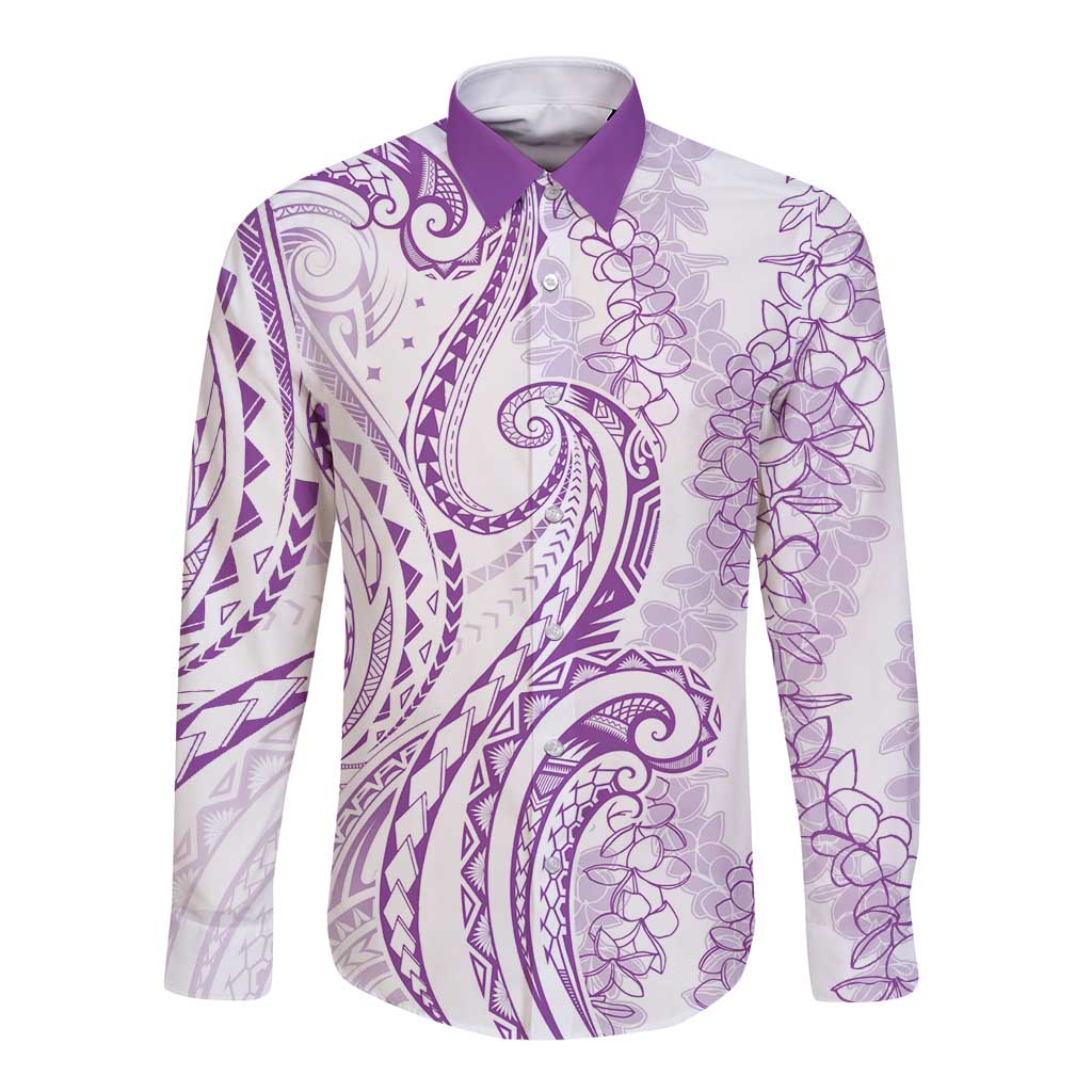 Polynesia Plumeria Lei Long Sleeve Button Shirt White Violet Curves Motif LT7 Unisex Violet - Polynesian Pride