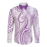 Polynesia Plumeria Lei Long Sleeve Button Shirt White Violet Curves Motif LT7 Unisex Violet - Polynesian Pride