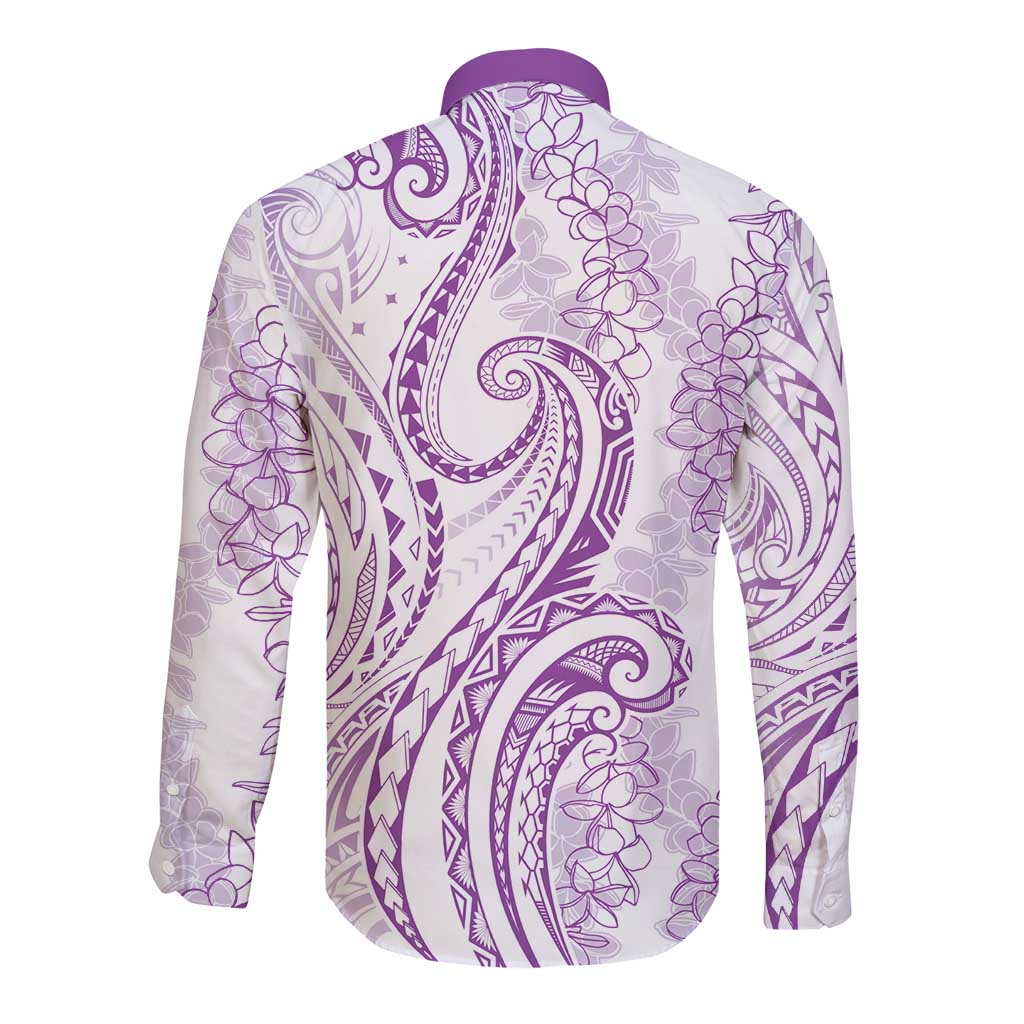 Polynesia Plumeria Lei Long Sleeve Button Shirt White Violet Curves Motif LT7 - Polynesian Pride