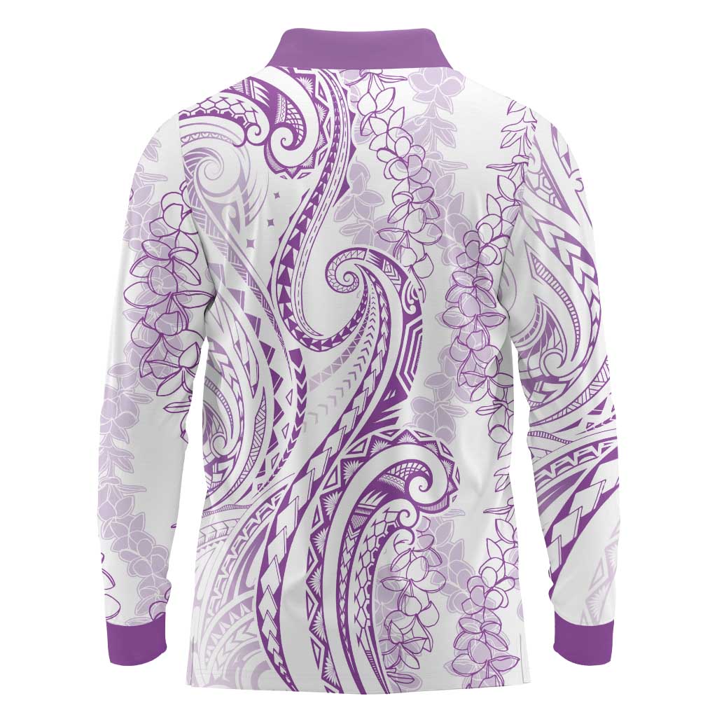Polynesia Plumeria Lei Long Sleeve Polo Shirt White Violet Curves Motif LT7 - Polynesian Pride