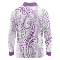 Polynesia Plumeria Lei Long Sleeve Polo Shirt White Violet Curves Motif LT7 - Polynesian Pride