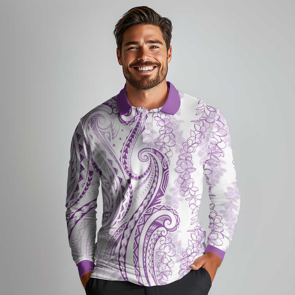 Polynesia Plumeria Lei Long Sleeve Polo Shirt White Violet Curves Motif LT7 - Polynesian Pride