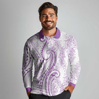 Polynesia Plumeria Lei Long Sleeve Polo Shirt White Violet Curves Motif LT7 - Polynesian Pride