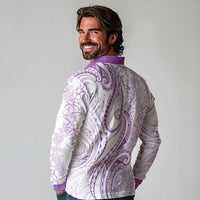Polynesia Plumeria Lei Long Sleeve Polo Shirt White Violet Curves Motif LT7 - Polynesian Pride
