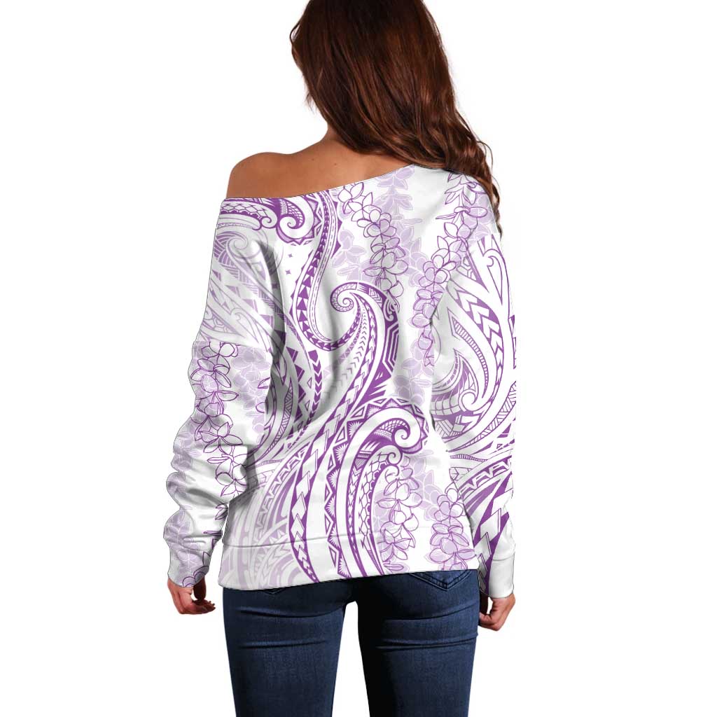 Polynesia Plumeria Lei Off Shoulder Sweater White Violet Curves Motif LT7 - Polynesian Pride