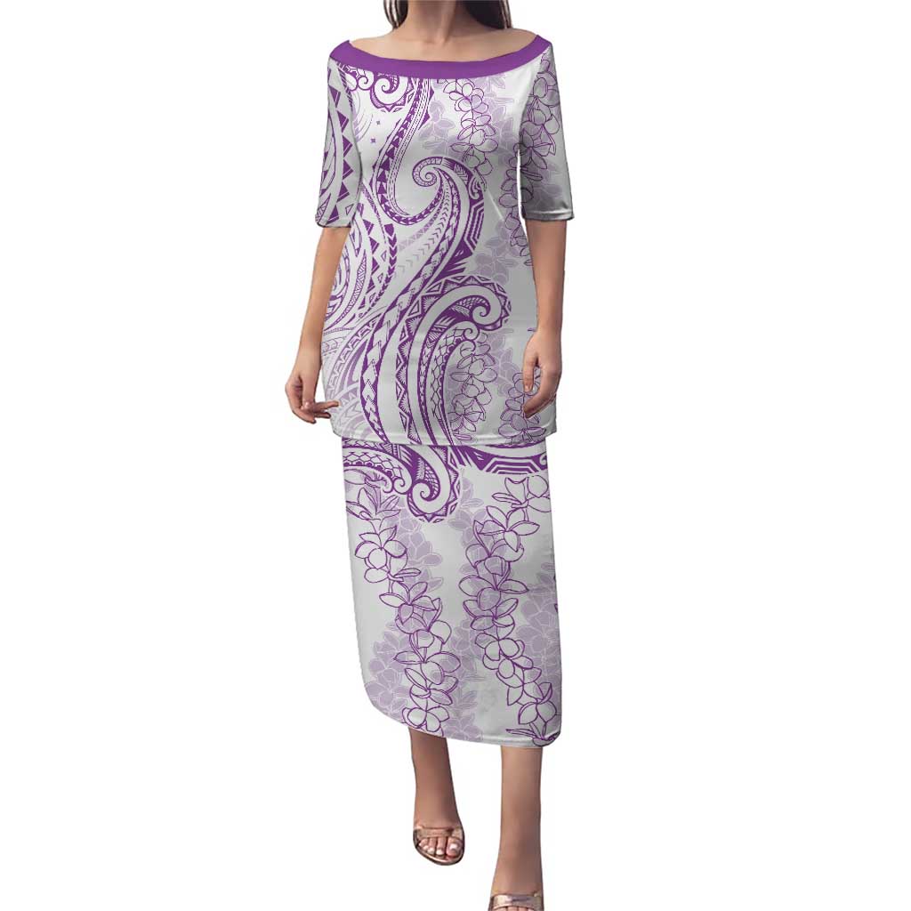 Polynesia Plumeria Lei Puletasi White Violet Curves Motif LT7 Long Dress Violet - Polynesian Pride