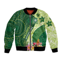Fiji Ballantine Memorial High School Personalised Bomber Jacket Masi Tapa Mix Plumeria LT7 Unisex Green - Polynesian Pride