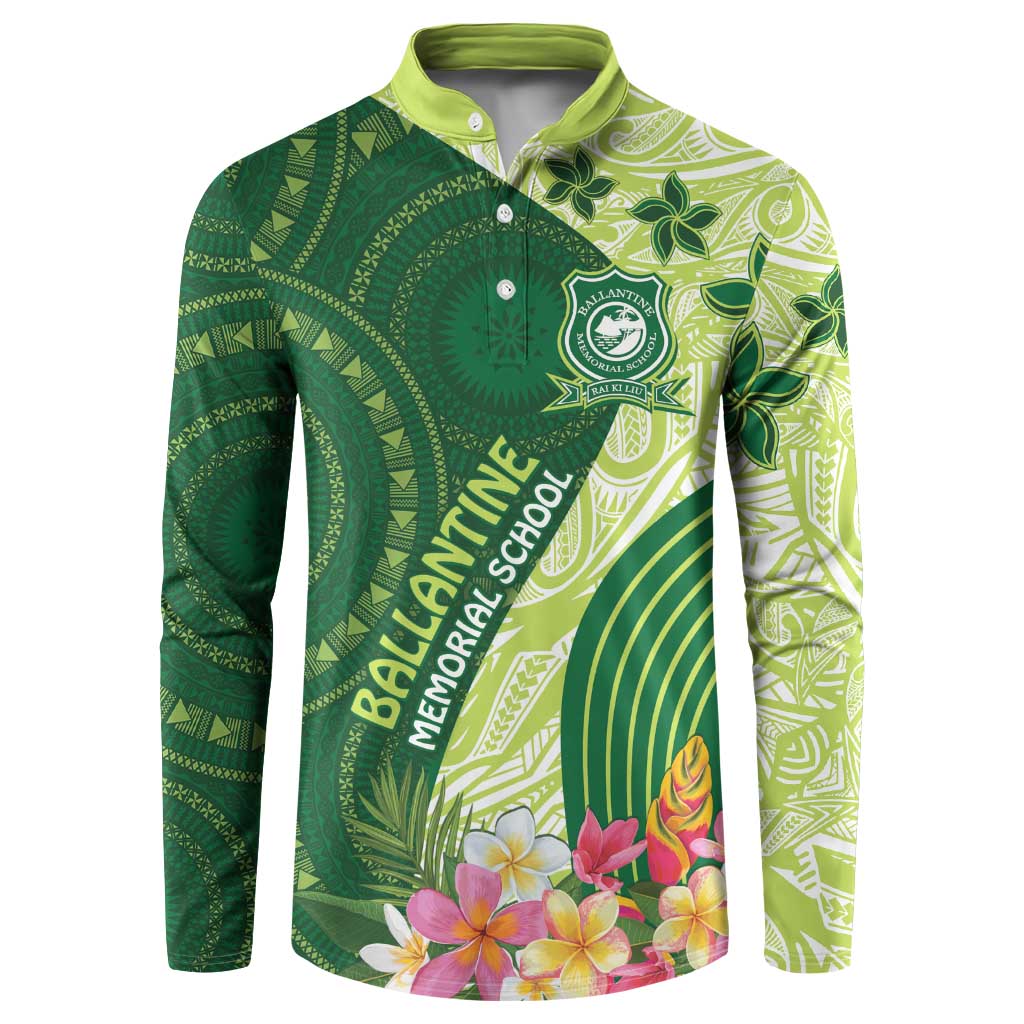 Fiji Ballantine Memorial High School Personalised Button Sweatshirt Masi Tapa Mix Plumeria LT7 Green - Polynesian Pride