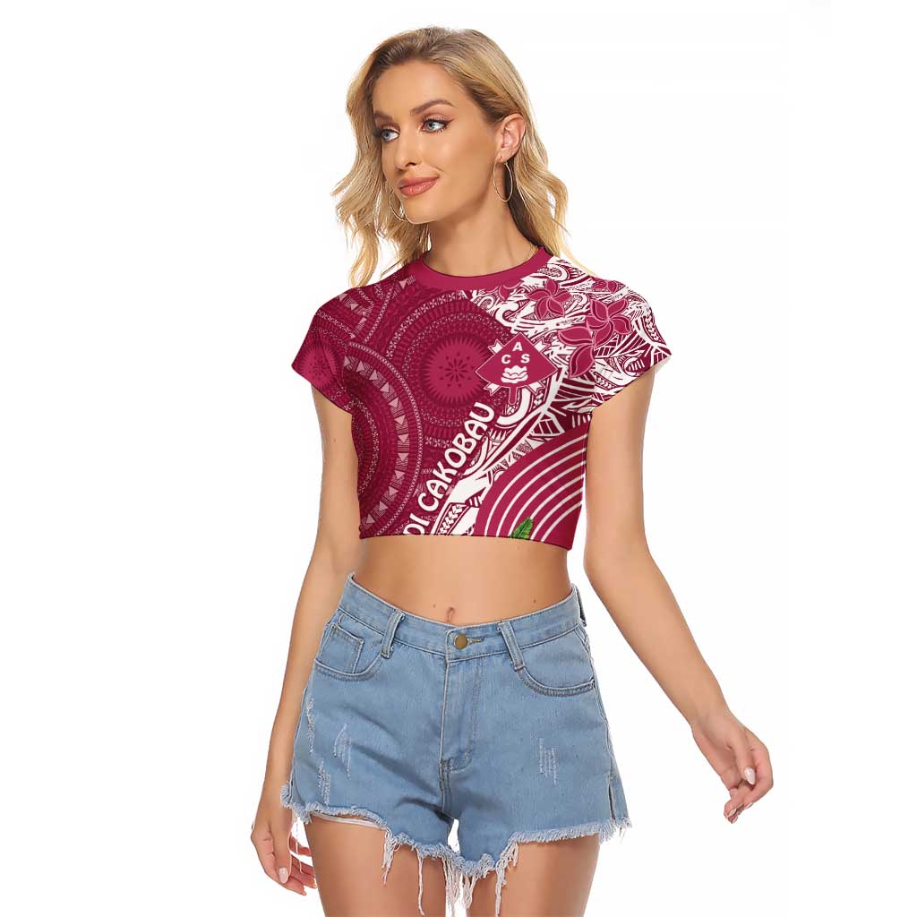 Fiji Adi Cakobau School Personalised Raglan Cropped T Shirt Masi Tapa Mix Plumeria LT7 Female Maroon - Polynesian Pride