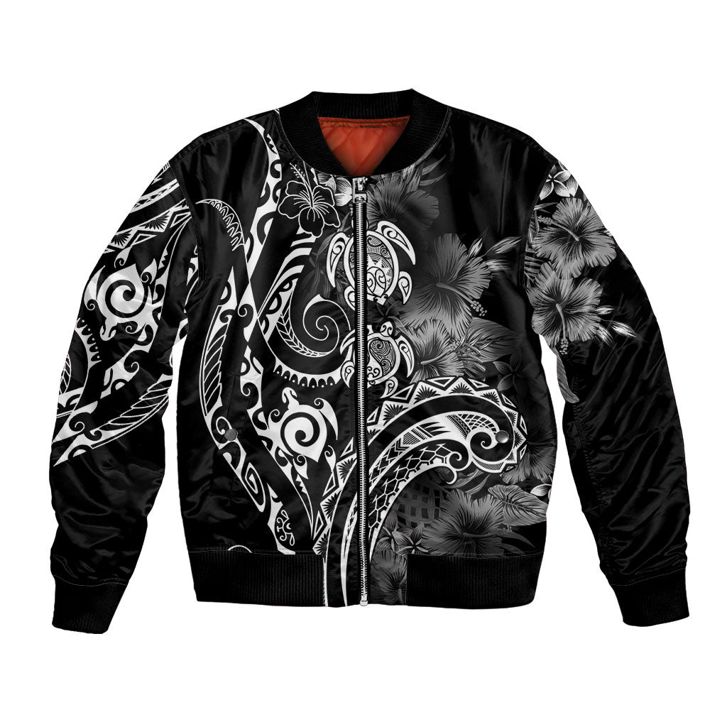 Aloha Hawaii Turtles Floral Bomber Jacket Obsidian Glaze LT7 Unisex Black - Polynesian Pride