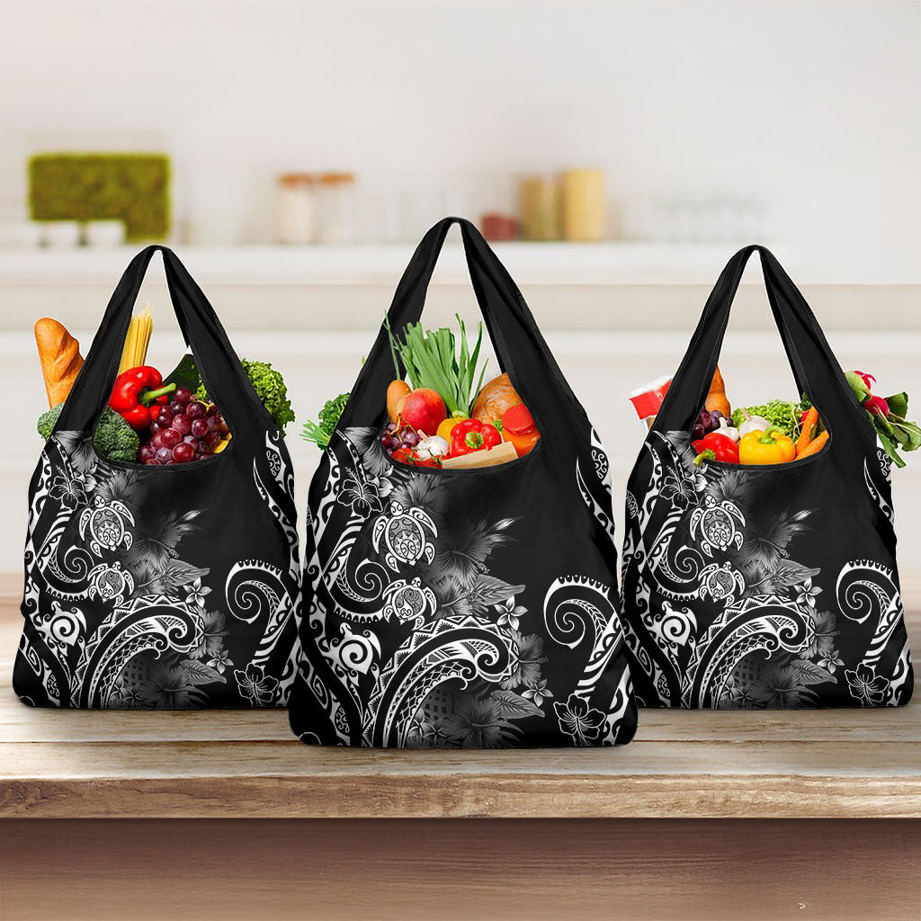 Aloha Hawaii Turtles Floral Grocery Bag Obsidian Glaze LT7 3-pack One Size Black - Polynesian Pride