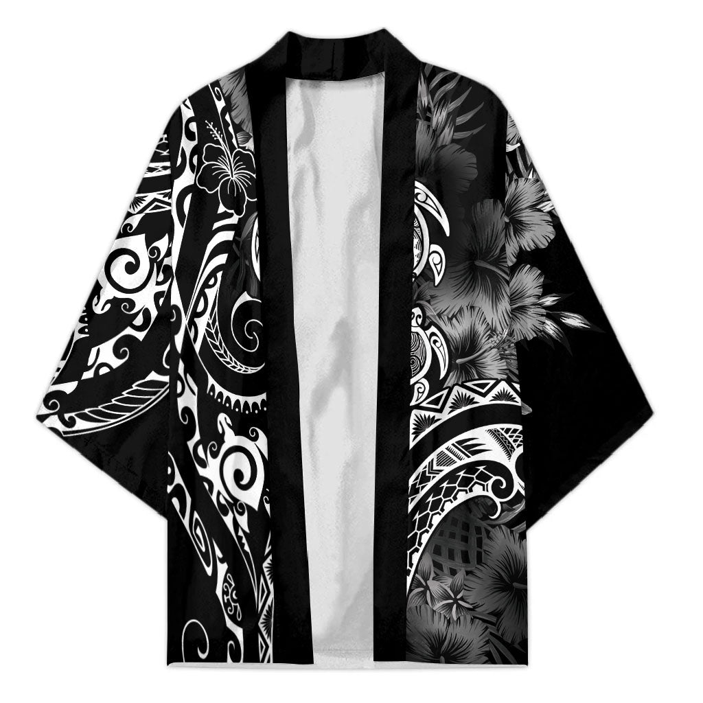 Aloha Hawaii Turtles Floral Kimono Obsidian Glaze LT7 Unisex Black - Polynesian Pride