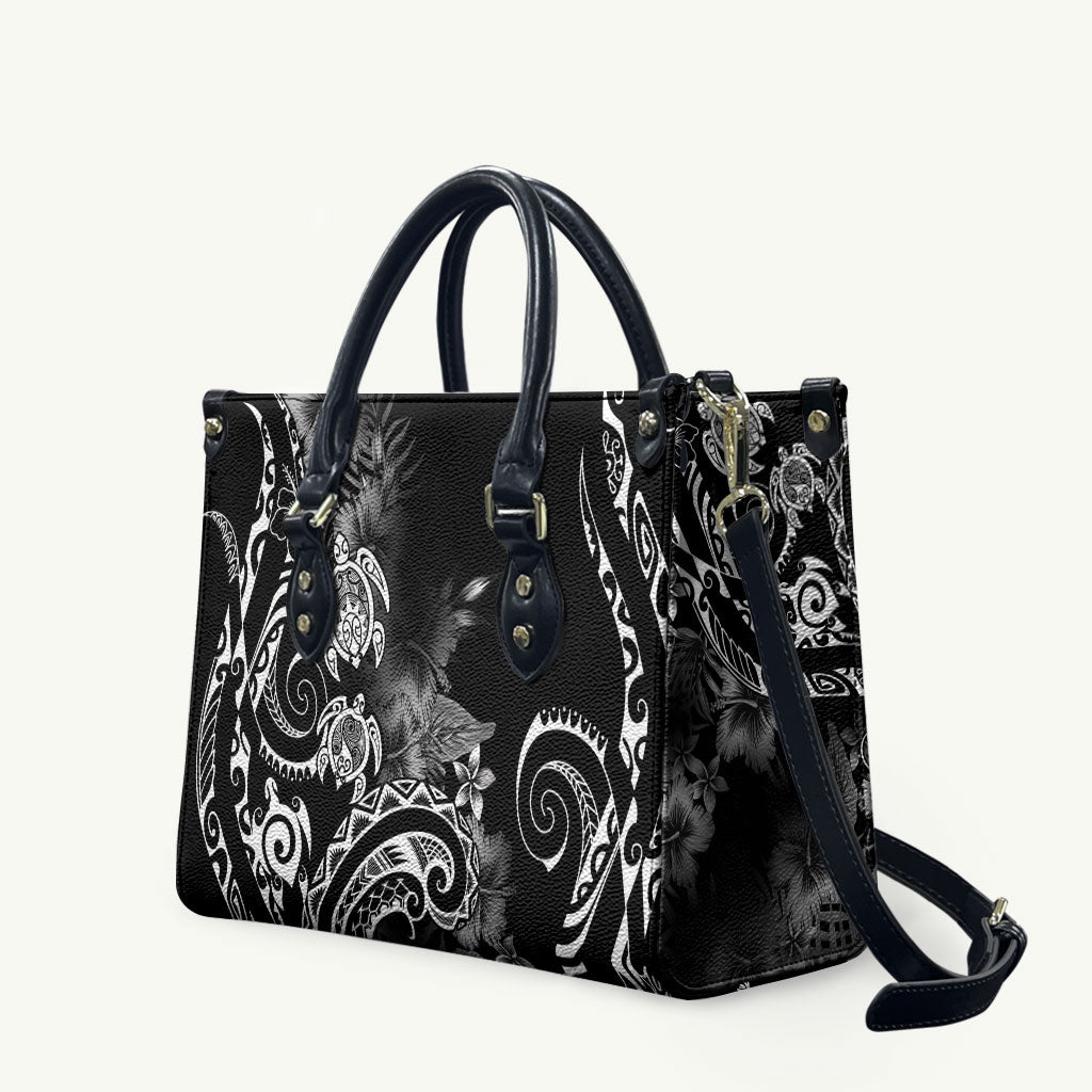 Aloha Hawaii Turtles Floral Leather Bag Obsidian Glaze LT7 Black - Polynesian Pride