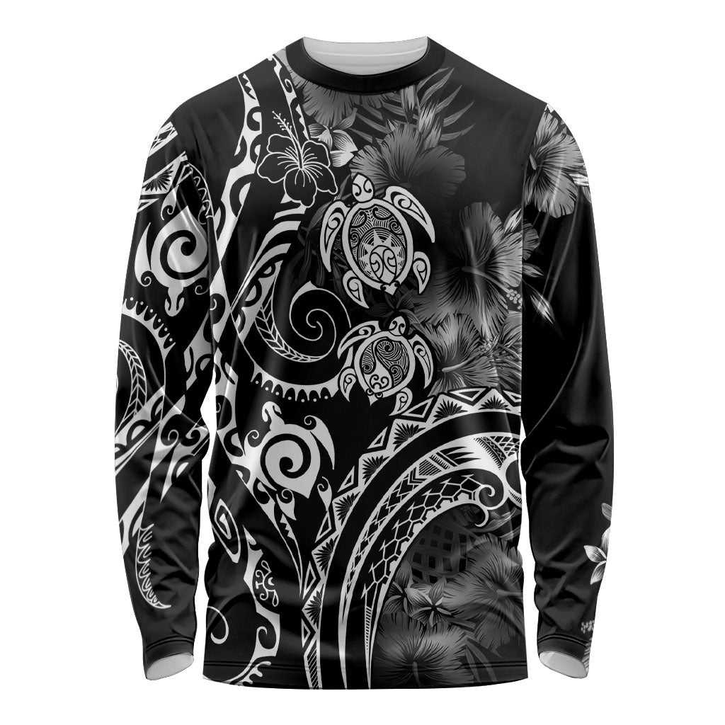 Aloha Hawaii Turtles Floral Long Sleeve Shirt Obsidian Glaze LT7 Unisex Black - Polynesian Pride