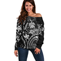 Aloha Hawaii Turtles Floral Off Shoulder Sweater Obsidian Glaze LT7 Women Black - Polynesian Pride