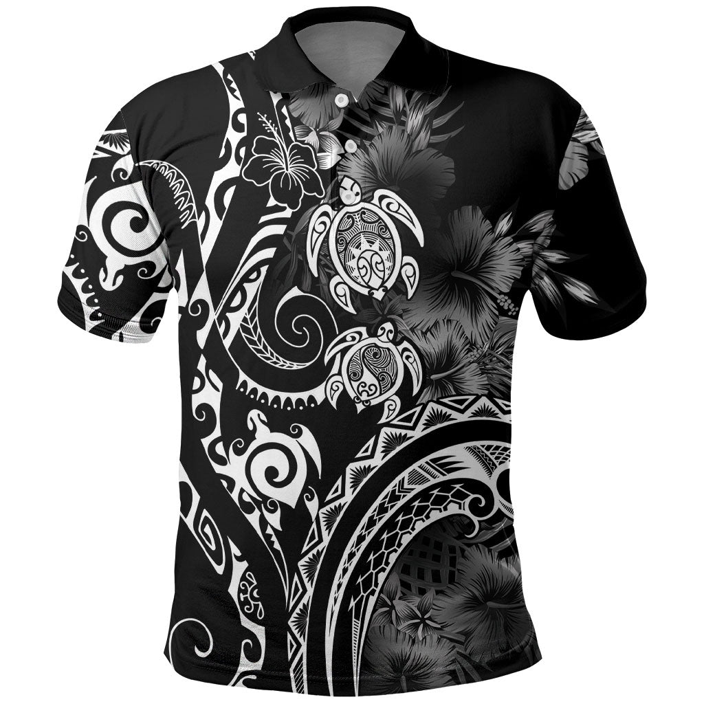 Aloha Hawaii Turtles Floral Polo Shirt Obsidian Glaze LT7 Black - Polynesian Pride