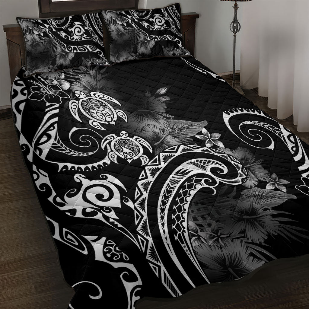 Aloha Hawaii Turtles Floral Quilt Bed Set Obsidian Glaze LT7 Black - Polynesian Pride