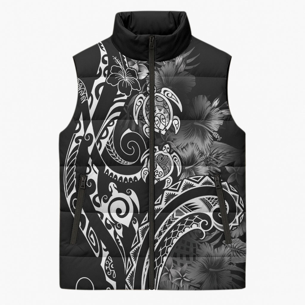Aloha Hawaii Turtles Floral Sleeveless Puffer Jacket Obsidian Glaze LT7 Unisex Black - Polynesian Pride