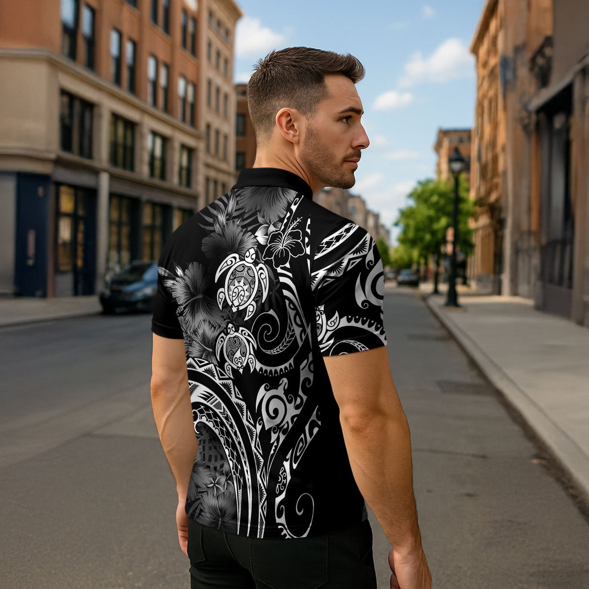 Aloha Hawaii Turtles Floral Zipper Polo Shirt Obsidian Glaze LT7 - Polynesian Pride