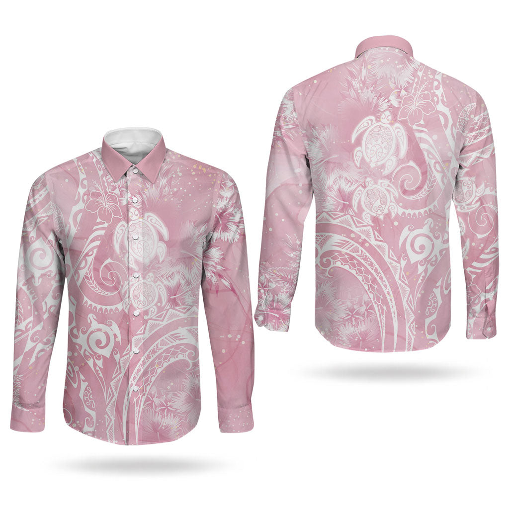 Aloha Hawaii Turtles Floral Couples Matching Off Shoulder Maxi Dress and Long Sleeve Button Shirt Pink Marbles Glaze LT7 - Polynesian Pride