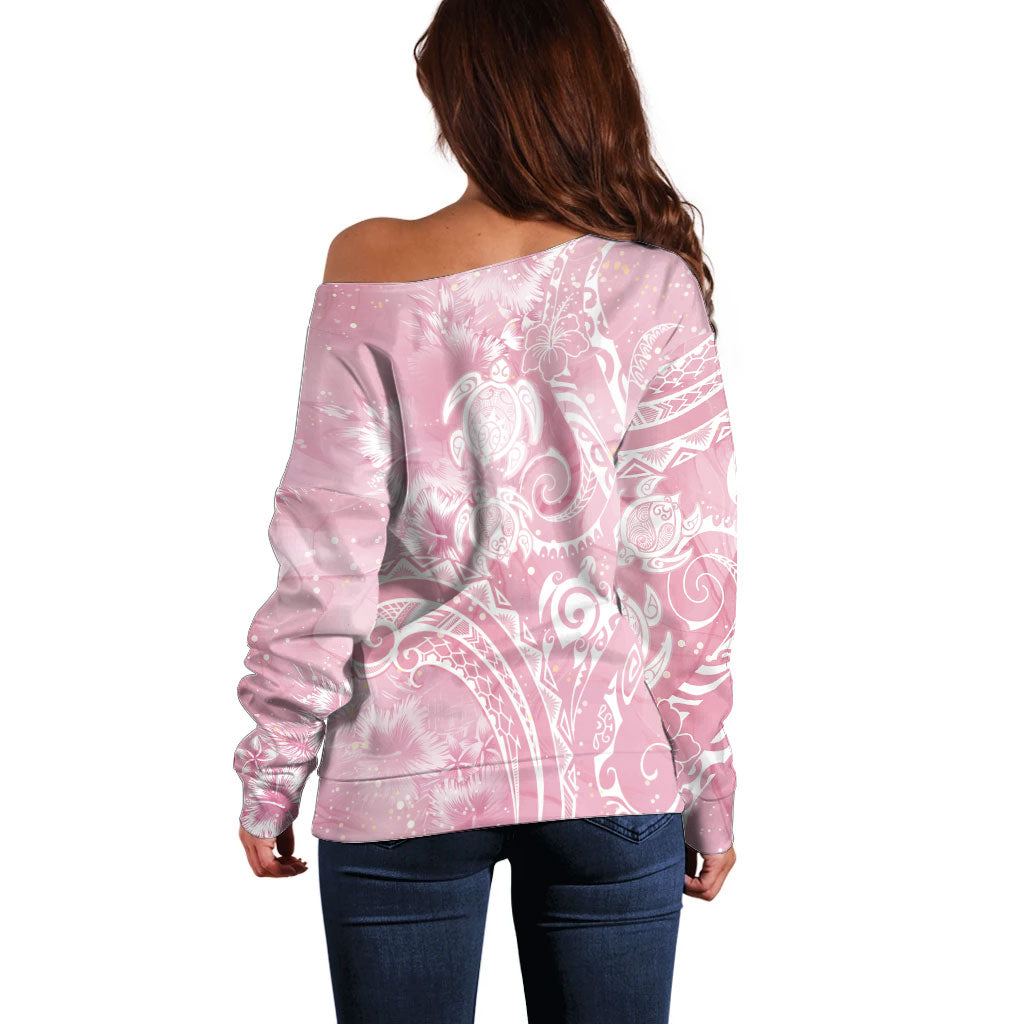 Aloha Hawaii Turtles Floral Off Shoulder Sweater Pink Marbles Glaze LT7 - Polynesian Pride