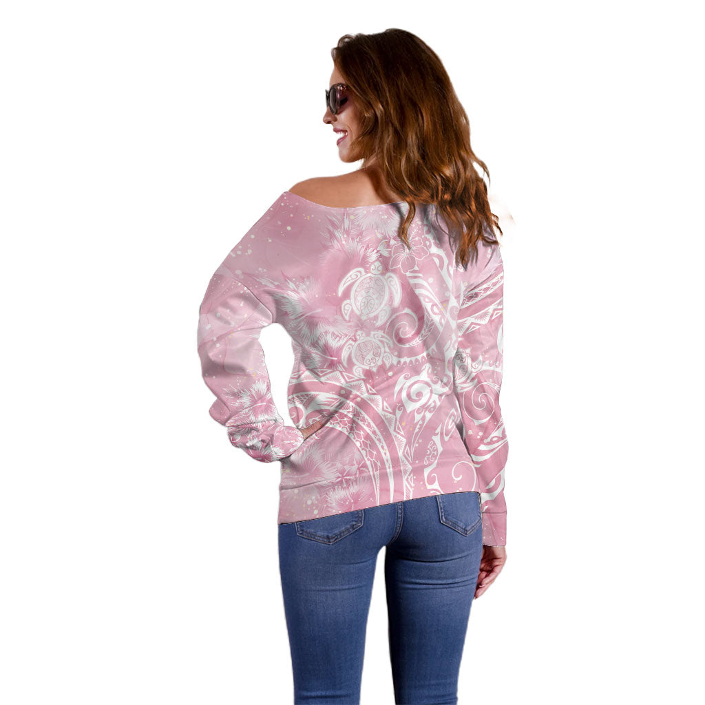 Aloha Hawaii Turtles Floral Off Shoulder Sweater Pink Marbles Glaze LT7 - Polynesian Pride