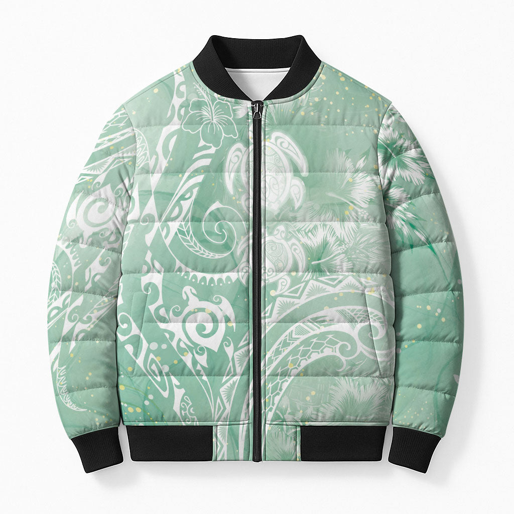 Aloha Hawaii Turtles Floral Bomber Puffer Jacket Seafoam Marbles Glaze LT7 Unisex Seafoam - Polynesian Pride