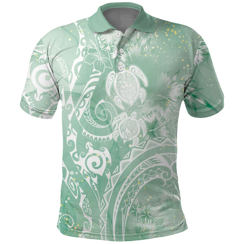 Aloha Hawaii Turtles Floral Polo Shirt Seafoam Marbles Glaze LT7 Seafoam - Polynesian Pride
