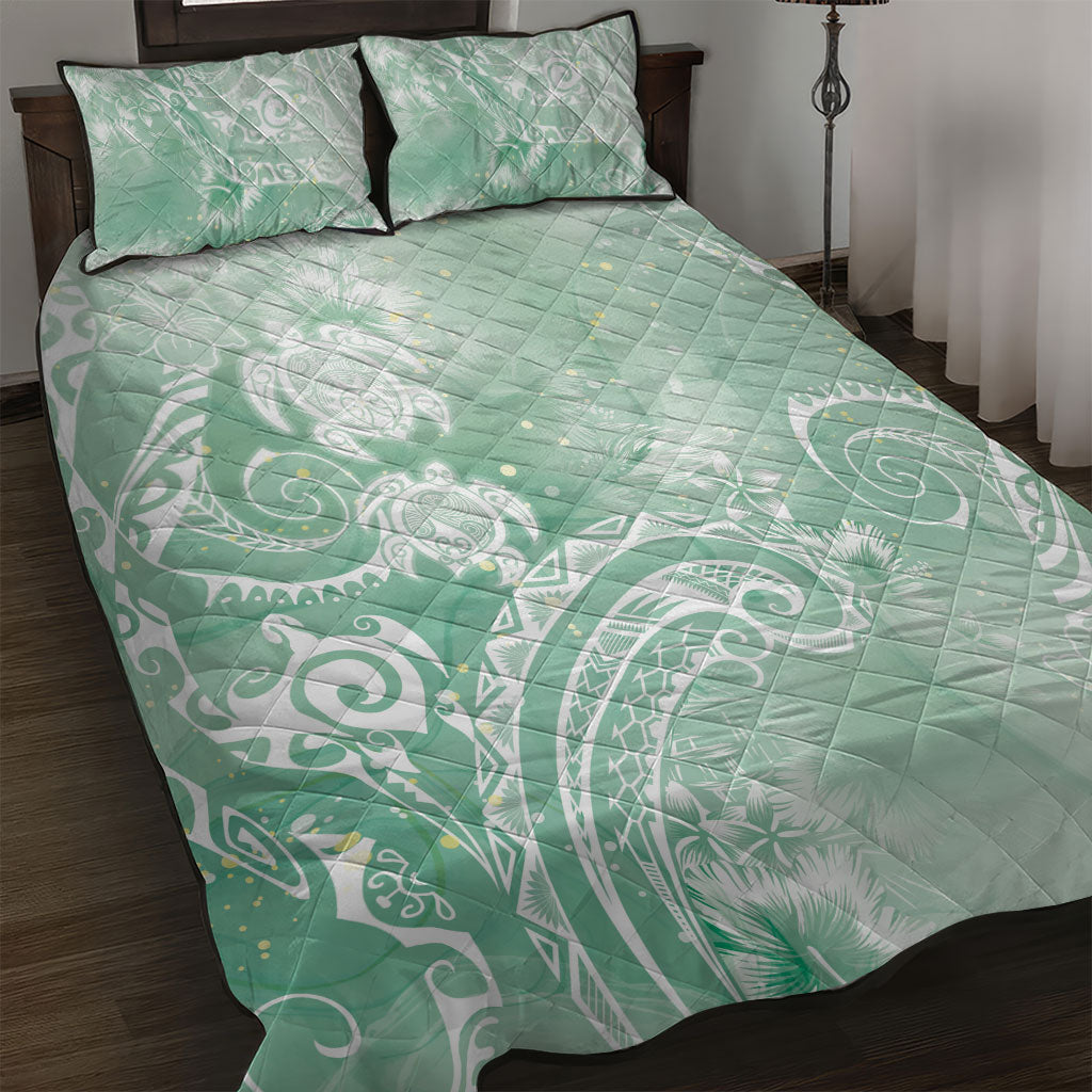 Aloha Hawaii Turtles Floral Quilt Bed Set Seafoam Marbles Glaze LT7 Seafoam - Polynesian Pride