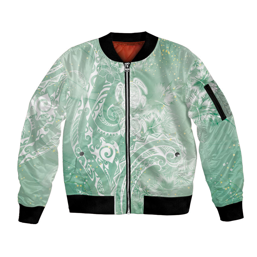 Aloha Hawaii Turtles Floral Sleeve Zip Bomber Jacket Seafoam Marbles Glaze LT7 Unisex Seafoam - Polynesian Pride