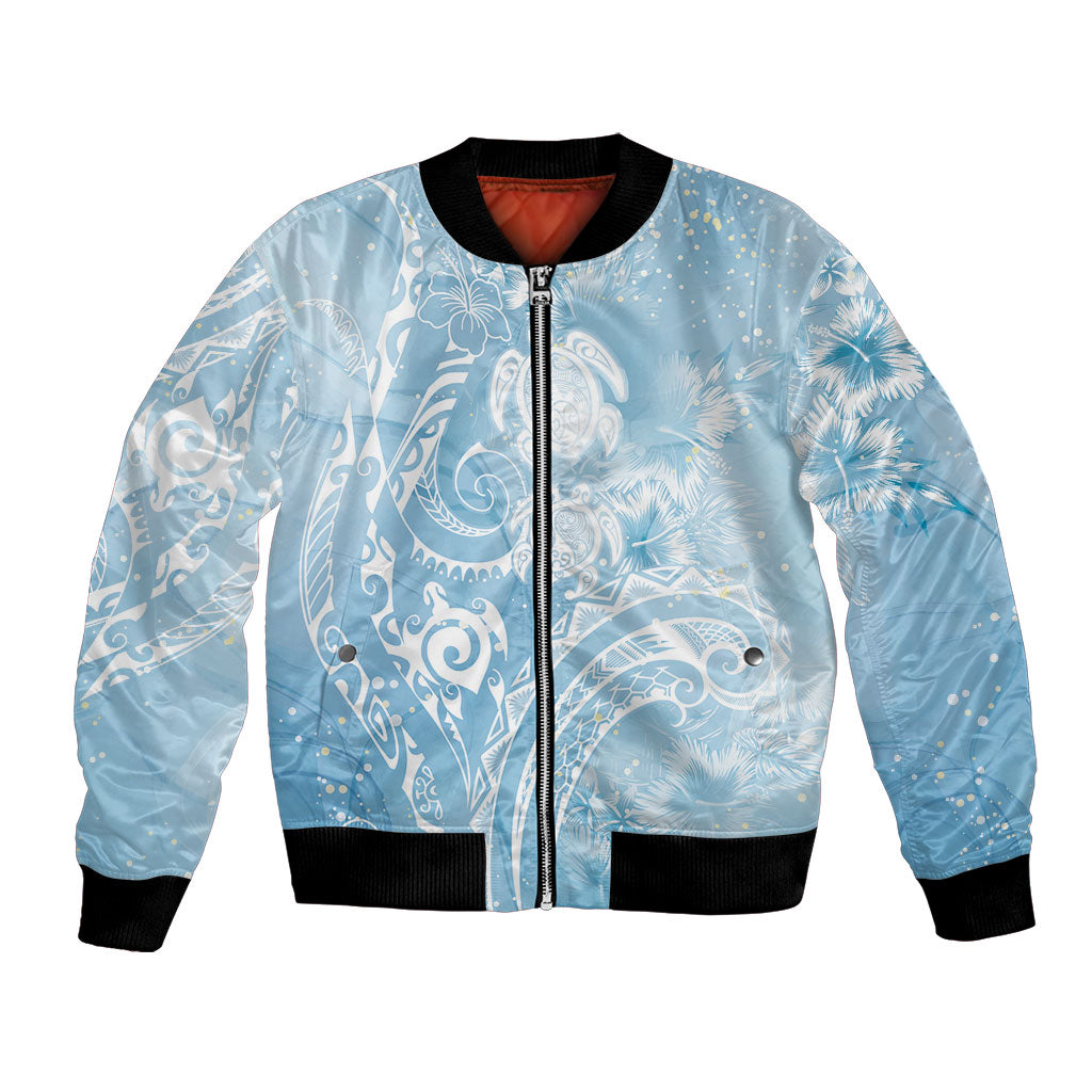 Aloha Hawaii Turtles Floral Bomber Jacket Aqua Marbles Glaze LT7 Unisex Aqua - Polynesian Pride