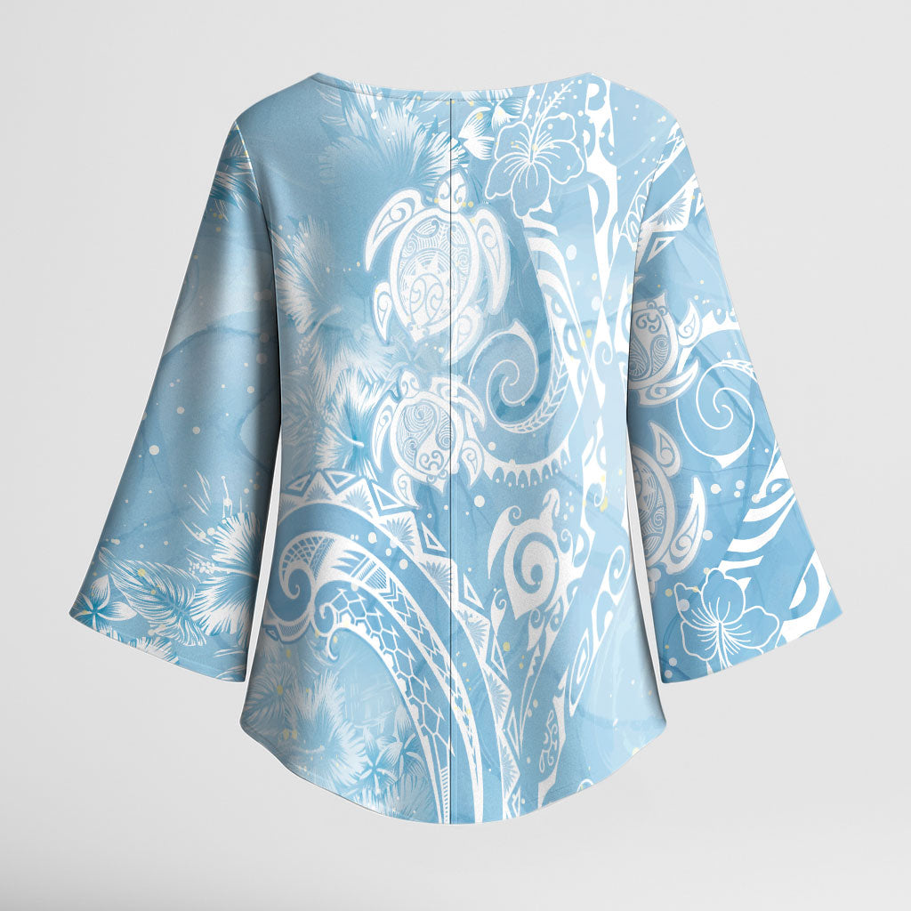 Aloha Hawaii Turtles Floral Kimono Sleeve Blouse Aqua Marbles Glaze LT7 - Polynesian Pride
