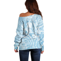 Aloha Hawaii Turtles Floral Off Shoulder Sweater Aqua Marbles Glaze LT7 - Polynesian Pride