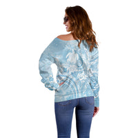 Aloha Hawaii Turtles Floral Off Shoulder Sweater Aqua Marbles Glaze LT7 - Polynesian Pride