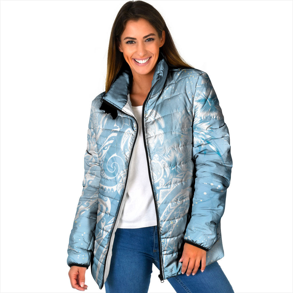 Aloha Hawaii Turtles Floral Padded Jacket Aqua Marbles Glaze LT7 Women Aqua - Polynesian Pride