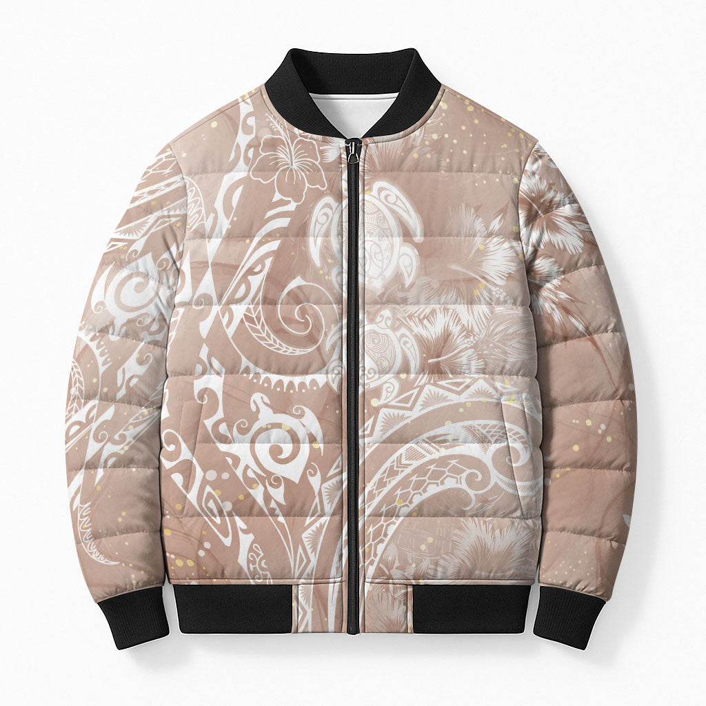 Aloha Hawaii Turtles Floral Bomber Puffer Jacket Taupe Marbles Glaze LT7 Unisex Taupe - Polynesian Pride