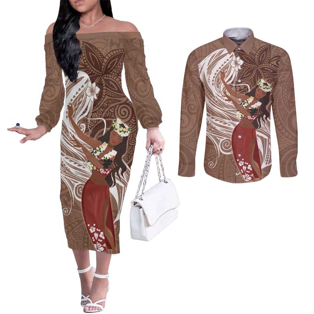 Tahiti Islands Polynesian Plumeria Couples Matching Off The Shoulder Long Sleeve Dress and Long Sleeve Button Shirt Tahitian Vahine 'Ote'a - Beige