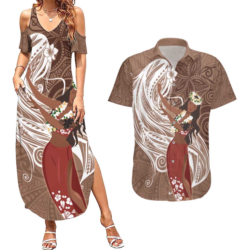 Tahiti Islands Polynesian Plumeria Couples Matching Summer Maxi Dress and Hawaiian Shirt Tahitian Vahine 'Ote'a - Beige