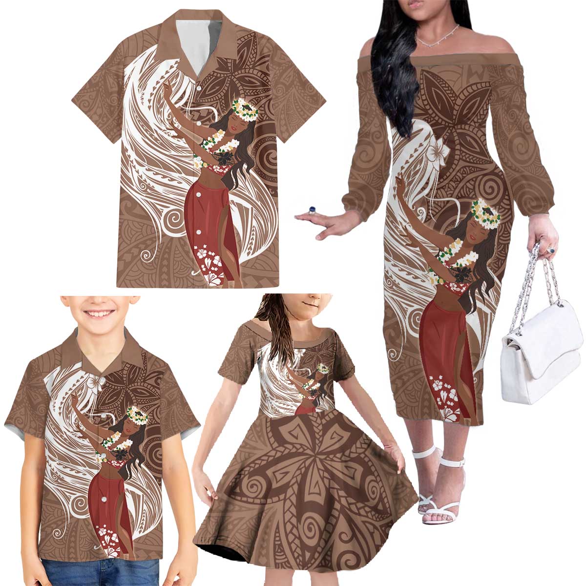 Tahiti Islands Polynesian Plumeria Family Matching Off The Shoulder Long Sleeve Dress and Hawaiian Shirt Tahitian Vahine 'Ote'a - Beige