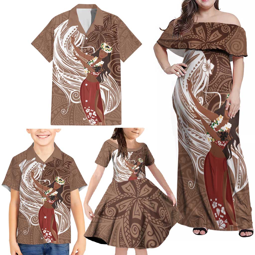 Tahiti Islands Polynesian Plumeria Family Matching Off Shoulder Maxi Dress and Hawaiian Shirt Tahitian Vahine 'Ote'a - Beige