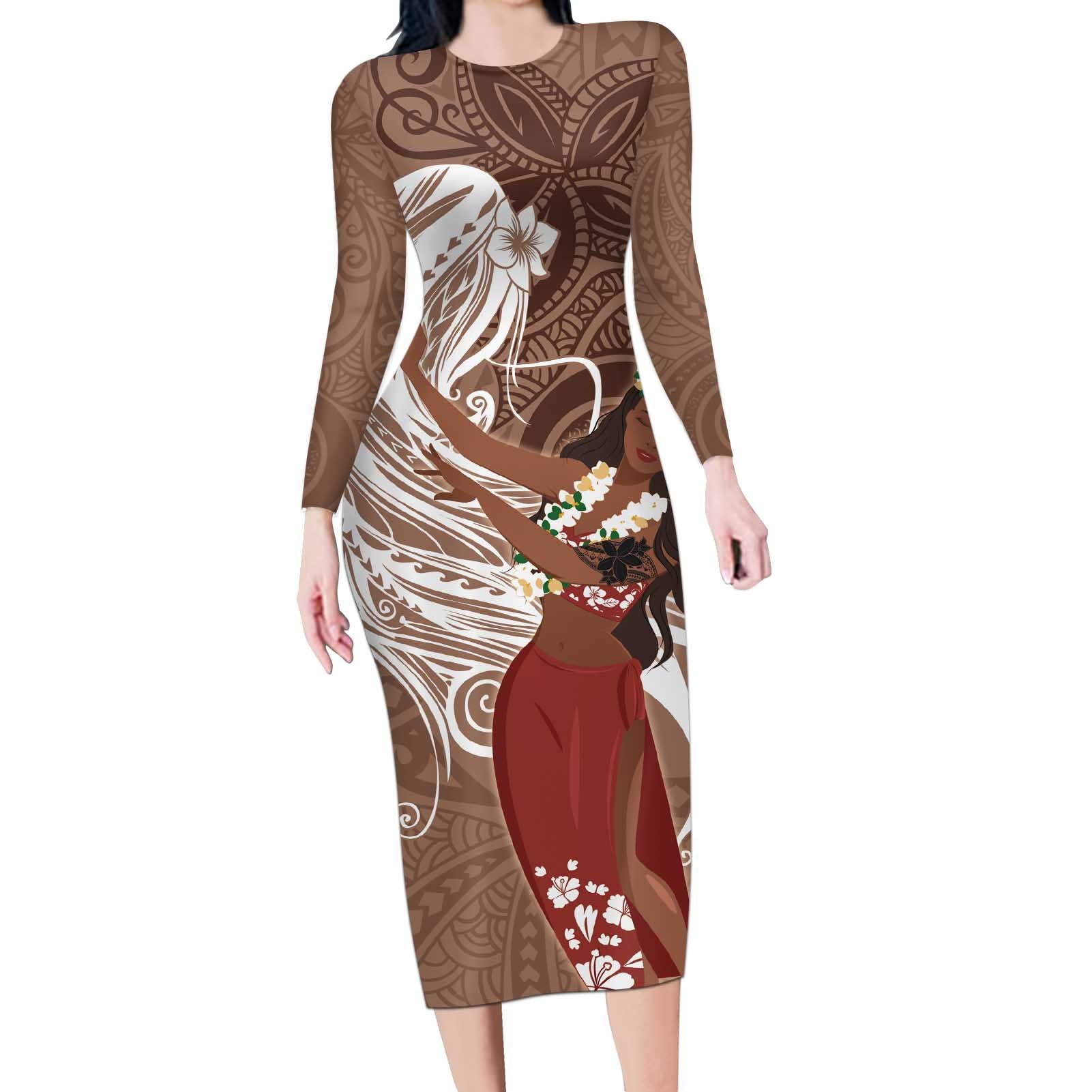 Tahiti Islands Polynesian Plumeria Long Sleeve Bodycon Dress Tahitian Vahine 'Ote'a - Beige