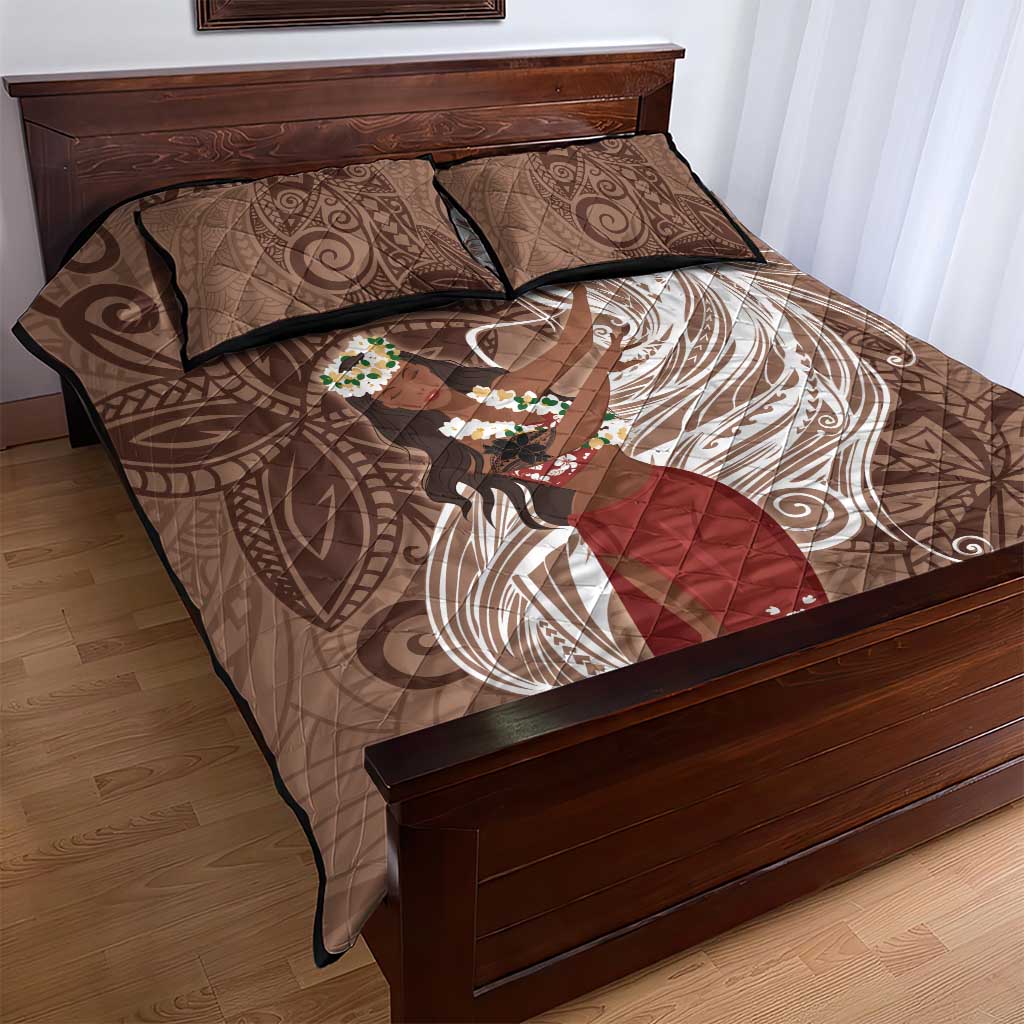 Tahiti Islands Polynesian Plumeria Quilt Bed Set Tahitian Vahine 'Ote'a - Beige LT7 - Polynesian Pride