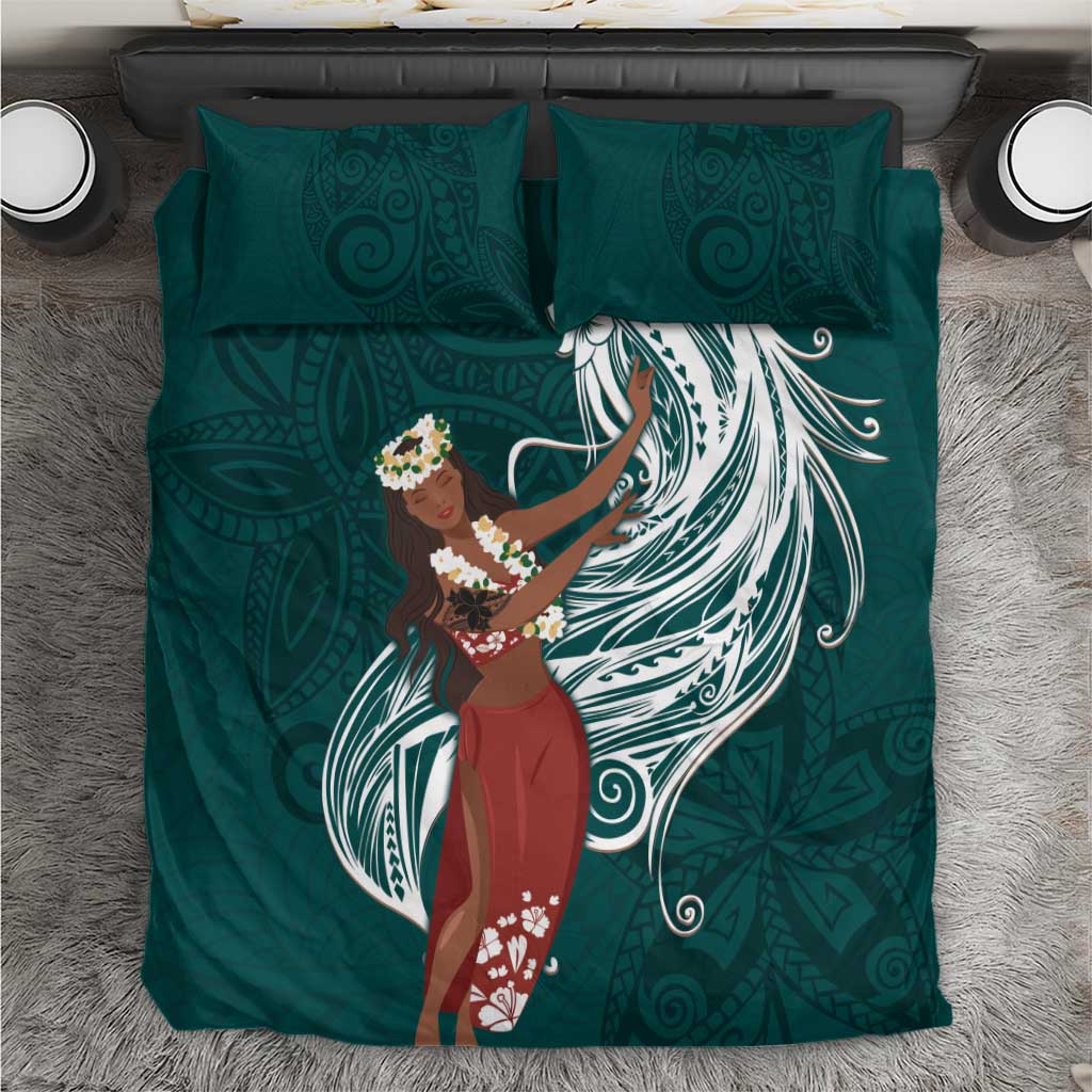 Tahiti Islands Polynesian Plumeria Bedding Set Tahitian Vahine 'Ote'a - Teal