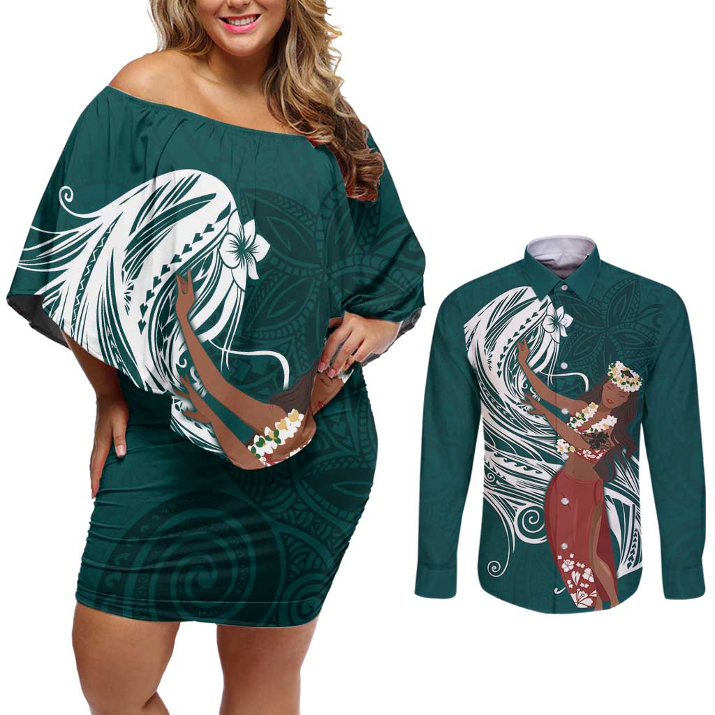 Tahiti Islands Polynesian Plumeria Couples Matching Off Shoulder Short Dress and Long Sleeve Button Shirt Tahitian Vahine 'Ote'a - Teal