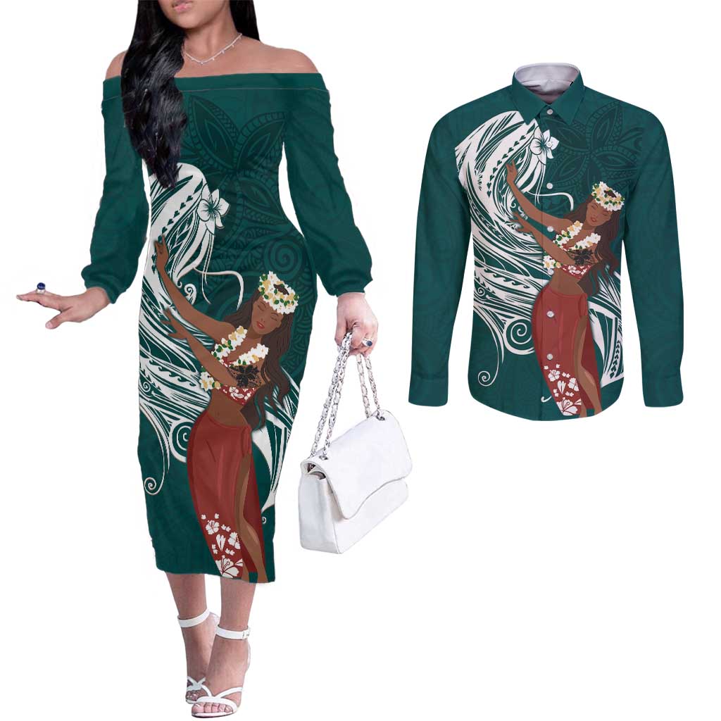 Tahiti Islands Polynesian Plumeria Couples Matching Off The Shoulder Long Sleeve Dress and Long Sleeve Button Shirt Tahitian Vahine 'Ote'a - Teal