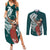 Tahiti Islands Polynesian Plumeria Couples Matching Summer Maxi Dress and Long Sleeve Button Shirt Tahitian Vahine 'Ote'a - Teal