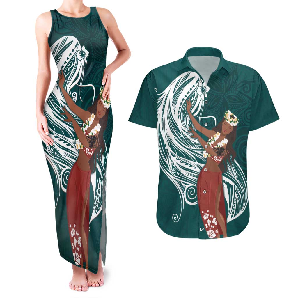 Tahiti Islands Polynesian Plumeria Couples Matching Tank Maxi Dress and Hawaiian Shirt Tahitian Vahine 'Ote'a - Teal