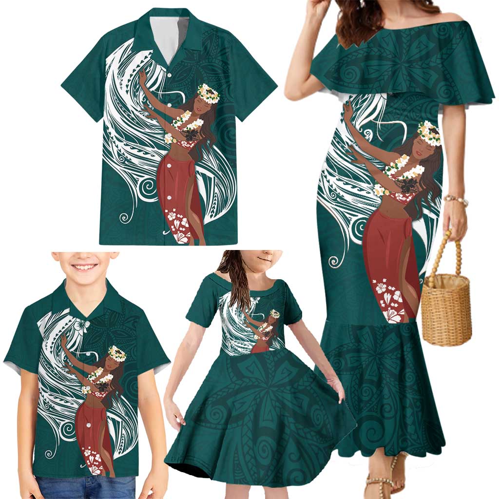 Tahiti Islands Polynesian Plumeria Family Matching Mermaid Dress and Hawaiian Shirt Tahitian Vahine 'Ote'a - Teal